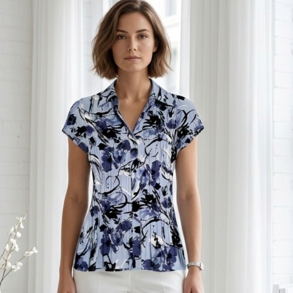 Apt 9 Blouse Womens S Blue Floral Pleated Button Up Collared Career Top Office